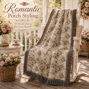 May include: A cream-colored floral throw blanket draped over a white rocking chair. The blanket features a repeating pattern of pink and green flowers with a fringed edge. The image includes text that reads "Romantic Porch Styling" and "Heirloom Charm For Cozy Spaces."