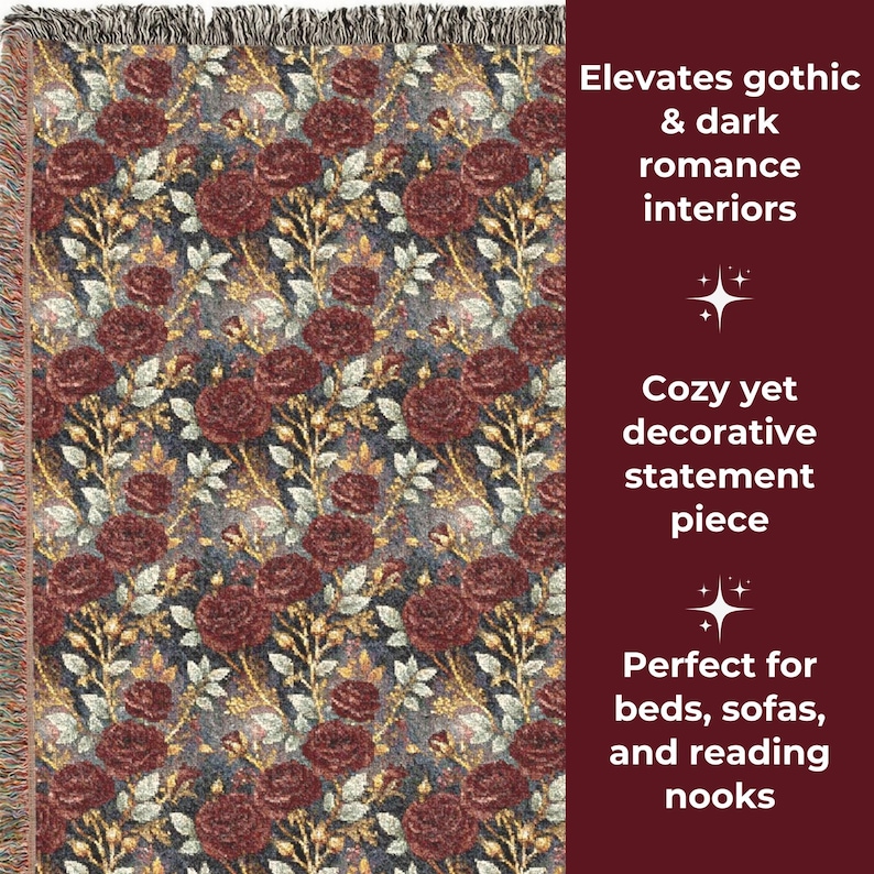 May include: A woven throw blanket with a repeating pattern of burgundy roses, gold accents, and white leaves on a dark gray background. The blanket has a fringed edge and text that reads "Elevates gothic & dark romance interiors."