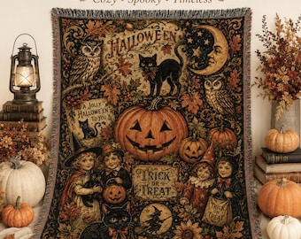 Vintage Halloween Woven Blanket, Halloween Wall Tapestry, Vintage Home Decor, Pumpkin Throw, Witchy Decor, Farmhouse Decor, Halloween Decor