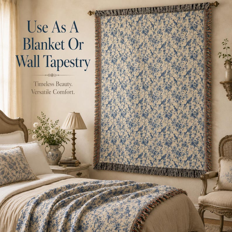 K&ouml;nnte beinhalten: Eine cremefarbene Decke oder Wandteppich mit blauem Blumen- und Vogelmuster. Der Stoff hat einen Fransenrand und wird an einer Wand und auf einem Bett gezeigt. Der Text lautet: "Use As A Blanket Or Wall Tapestry".