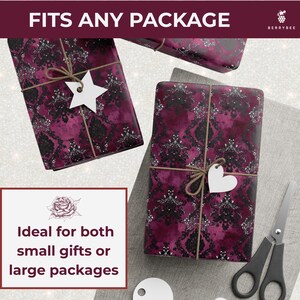 May include: Gift wrapping paper with a damask pattern in shades of burgundy and black. The wrapped gifts are tied with twine and adorned with white paper tags in star and heart shapes. The text "FITS ANY PACKAGE" is at the top.