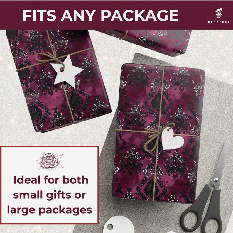 May include: Gift wrapping paper with a damask pattern in shades of burgundy and black. The wrapped gifts are tied with twine and adorned with white paper tags in star and heart shapes. The text "FITS ANY PACKAGE" is at the top.
