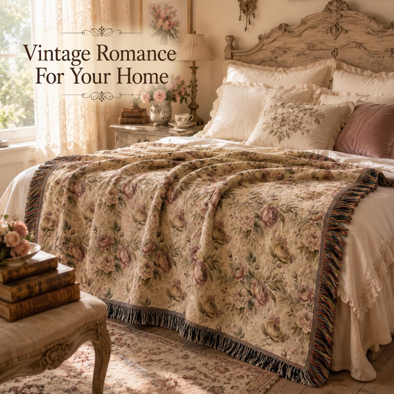May include: A bed with a floral patterned throw blanket, pillows, and a decorative headboard. The throw blanket features a beige background with pink and purple roses. The text "Vintage Romance For Your Home" is displayed at the top of the image.