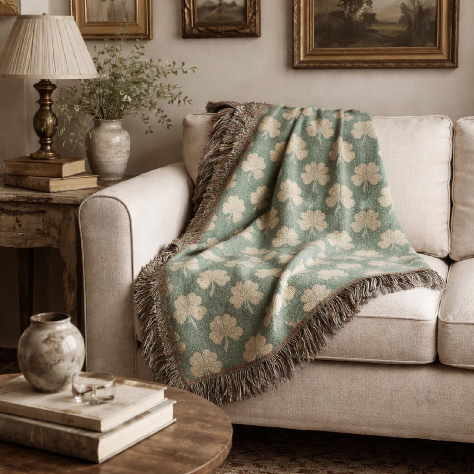 Vintage Shamrock Woven Blanket – Moss Green Throw Blanket, Elegant St Patricks Day Decor, Vintage Home Decor Accent, Cottagecore Decor