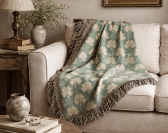 Vintage Shamrock Woven Blanket – Moss Green Throw Blanket, Elegant St Patricks Day Decor, Vintage Home Decor Accent, Cottagecore Decor