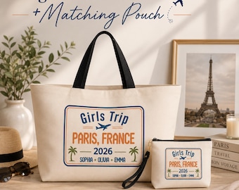 Girls Trip Tote Bag, Personalized Travel Set with Matching Makeup Pouch