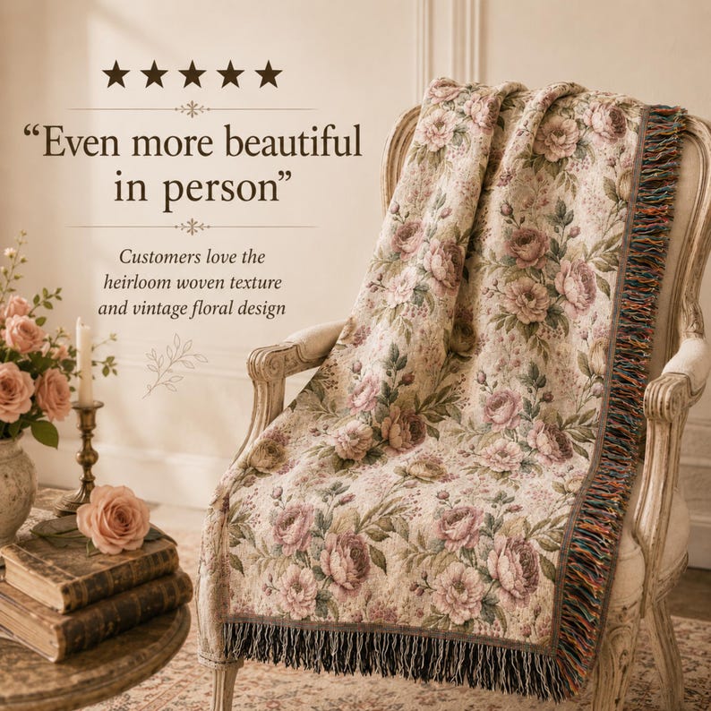 May include: A floral tapestry throw blanket draped over a vintage chair. The blanket features a cream background with pink and green rose patterns. The text reads "Even more beautiful in person".
