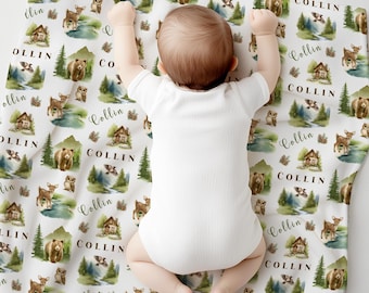 Manta de bebé personalizada con animales del bosque: decoración forestal personalizada con ciervo, oso y búho (3 tamaños)