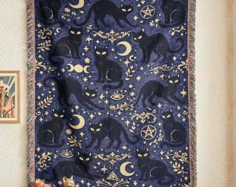 Black Cat Woven Blanket, Gothic Cat Tapestry, Gothic Home Decor, Cat Wall Art Throw, Vintage Tapestry Wall Hanging, Cat Lovers Gift
