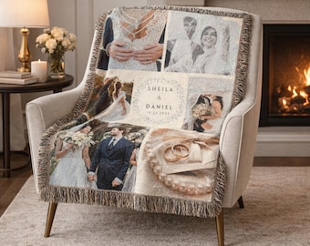 Personalized Wedding Photo Blanket – Custom Woven Anniversary Blanket with Names & Date, Gift for Couple