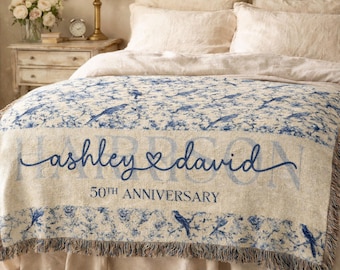Personalized Wedding Anniversary Gift Woven Blanket, Anniversary gifts for parents or couples, anniversary gift for him & her, Toile de Jouy