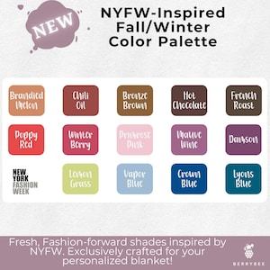 以下が含まれることがあります： NYFWにインスパイアされたカラーパレットで、「Brandied Melon」、「Poppy Red」、「Crown Blue」などの色合いが特徴です。画像には「NYFW-Inspired Fall/Winter Color Palette」と「NEW YORK FASHION WEEK」の文字が表示されています。