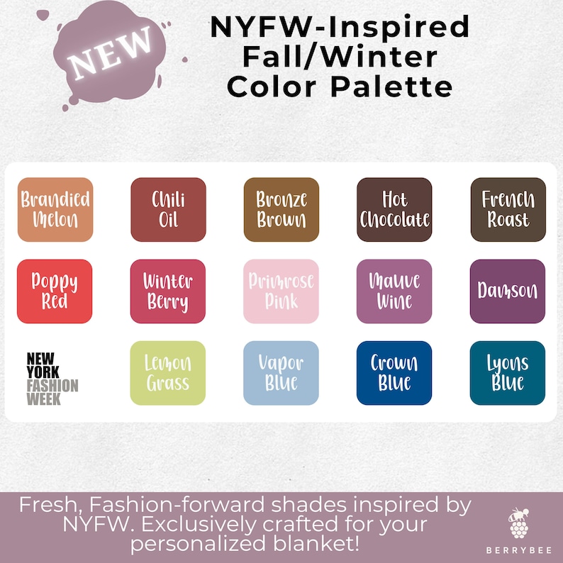 以下が含まれることがあります： NYFWにインスパイアされたカラーパレットで、「Brandied Melon」、「Poppy Red」、「Crown Blue」などの色合いが特徴です。画像には「NYFW-Inspired Fall/Winter Color Palette」と「NEW YORK FASHION WEEK」の文字が表示されています。