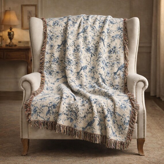 Vintage Toile de Jouy Woven Blanket – Blue Floral Tapestry Throw for French Country Style Home Decor, Blue and White Birds & Flowers Pattern
