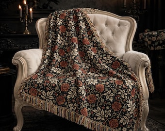 Dark Romance Gothic Woven Blanket, Floral Rose Fringe Throw, Home Decor, 3 Sizes Available