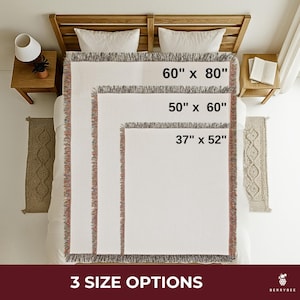 May include: Three white throw blankets with fringed edges are displayed on a bed. The sizes are labeled as 60" x 80", 50" x 60", and 37" x 52". The text "3 SIZE OPTIONS" is at the bottom.