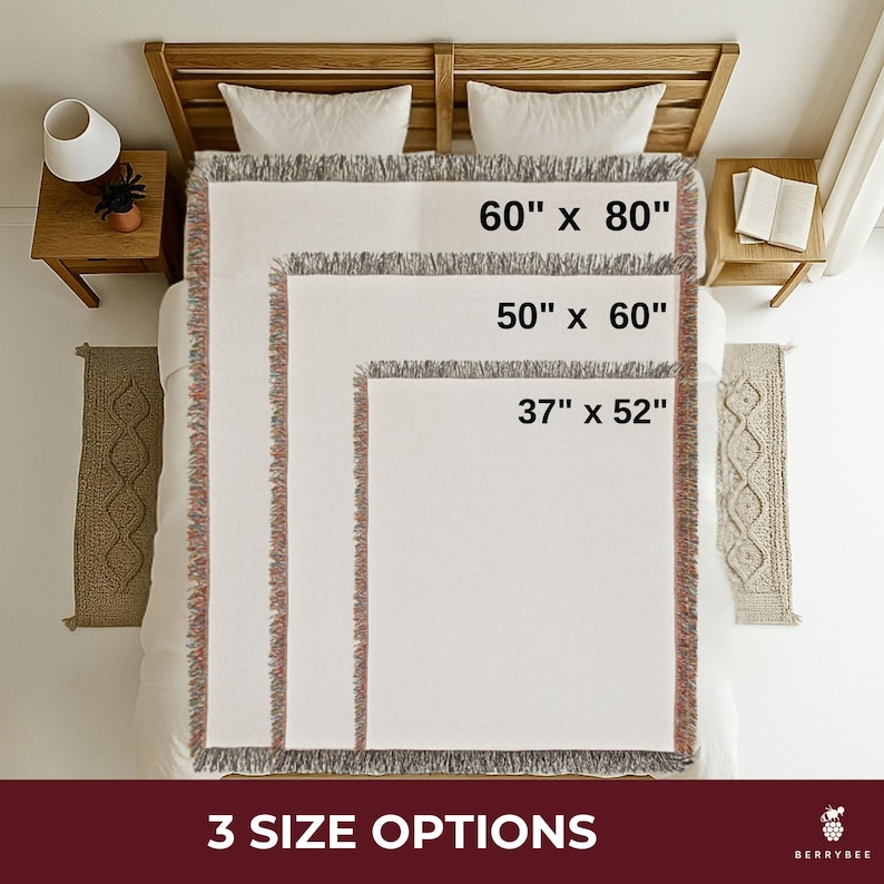 May include: Three white throw blankets with fringed edges are displayed on a bed. The sizes are labeled as 60" x 80", 50" x 60", and 37" x 52". The text "3 SIZE OPTIONS" is at the bottom.