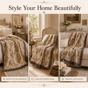 May include: The image showcases a floral patterned throw blanket with a fringed edge. The blanket is draped over a bed, a chair, and a sofa. The text "Style Your Home Beautifully" is at the top. The image is divided into three sections, each with a different setting.
