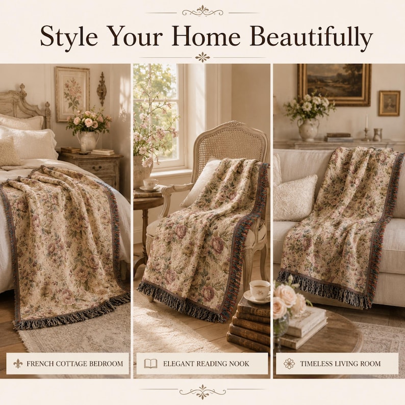 May include: The image showcases a floral patterned throw blanket with a fringed edge. The blanket is draped over a bed, a chair, and a sofa. The text "Style Your Home Beautifully" is at the top. The image is divided into three sections, each with a different setting.