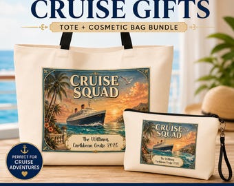 Personalized Cruise Squad Tote Bag & Makeup Bag Set, Travel Gift Custom Tote Bag, Canvas Tote Bag, Cruise Gift, Group Cruise Essential