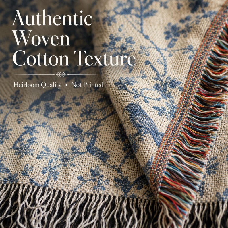 K&ouml;nnte beinhalten: Eine gewebte Baumwolldecke mit blauem Blumenmuster und Fransenbesatz. Die Decke tr&auml;gt den Text "Authentic Woven Cotton Texture" und "Heirloom Quality - Not Printed". Das Design umfasst V&ouml;gel und Zweige.