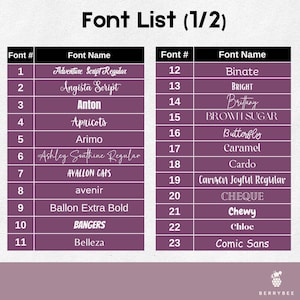 以下が含まれることがあります： 濃い紫色の背景と白いテキストのフォントリストグラフィック。「Font List (1/2)」のタイトルが上部にあります。「Adventure Script Regular」や「Comic Sans」などのフォント名がリストに含まれています。Berrybeeのロゴが一番下にあります。