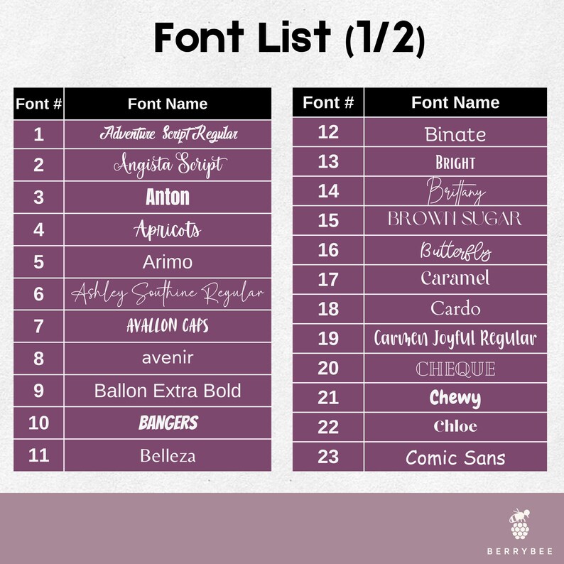 以下が含まれることがあります： 濃い紫色の背景と白いテキストのフォントリストグラフィック。「Font List (1/2)」のタイトルが上部にあります。「Adventure Script Regular」や「Comic Sans」などのフォント名がリストに含まれています。Berrybeeのロゴが一番下にあります。
