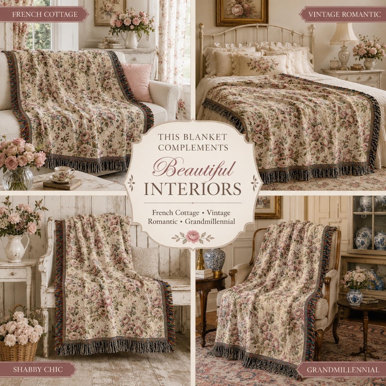 May include: A beige floral throw blanket with a dark brown fringe is draped over furniture in four different settings. The text on the image reads "This blanket complements beautiful interiors" and lists "French Cottage, Vintage Romantic, Grandmillennial".