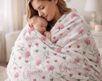 Birth Flower Nursery Blanket, Personalized Baby Blanket, Birth Flower Gift, Name Blanket, 3 Sizes, Luxe Soft Plush