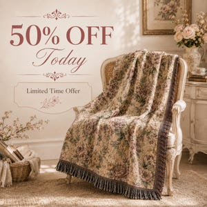 May include: A floral patterned throw blanket draped over a vintage chair. The blanket features a beige background with purple and green floral designs and a fringed edge. Text in the image reads "50% OFF Today" and "Limited Time Offer".