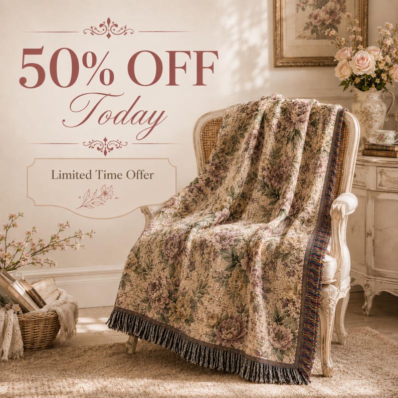 May include: A floral patterned throw blanket draped over a vintage chair. The blanket features a beige background with purple and green floral designs and a fringed edge. Text in the image reads "50% OFF Today" and "Limited Time Offer".