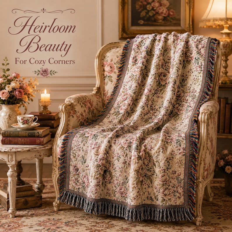 May include: A floral patterned throw blanket draped over a vintage armchair. The blanket features a cream background with pink and green floral designs, a brown border, and fringe. The text "Heirloom Beauty For Cozy Corners" is visible.