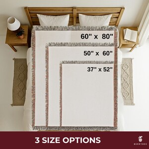 May include: Three white throw blankets with fringed edges are displayed on a bed. The sizes are labeled as 60" x 80", 50" x 60", and 37" x 52". The text "3 SIZE OPTIONS" is at the bottom.