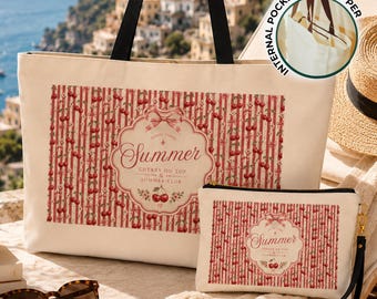 Vacation Tote Bag, Cherry Canvas Set With Matching Cosmetic Pouch
