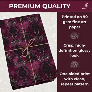 May include: A wrapped package featuring a burgundy and black damask pattern, tied with twine. The text "PREMIUM QUALITY" is at the top. The package is printed on 90 gsm fine art paper with a crisp, high-definition glossy look and a one-sided print.