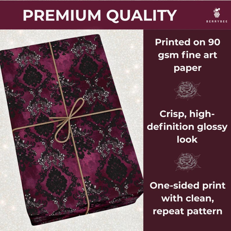 May include: A wrapped package featuring a burgundy and black damask pattern, tied with twine. The text "PREMIUM QUALITY" is at the top. The package is printed on 90 gsm fine art paper with a crisp, high-definition glossy look and a one-sided print.