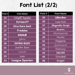 以下が含まれることがあります： 白背景と紫色のグリッドのフォントリストグラフィック。「Font List (2/2)」のテキストが上部にあります。各行には、フォント番号とフォント名（「Delight Regular」や「Lilita One」など）がリストされています。Berrybeeのロゴは右下にあります。