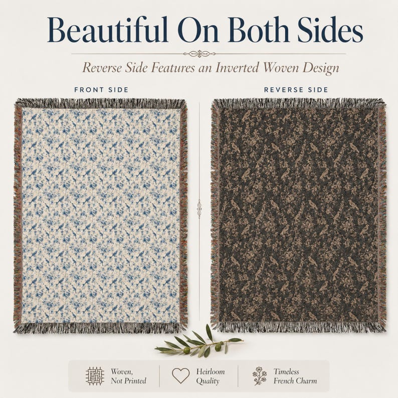 K&ouml;nnte beinhalten: Eine Wendewebdecke. Die Vorderseite zeigt einen cremefarbenen Hintergrund mit blauen Blumenmustern, die R&uuml;ckseite ein braunes Blumenmuster. Die Decke hat einen Fransenrand. Der Text lautet "Beautiful On Both Sides" und "Reverse Side Features an Inverted Woven Design".