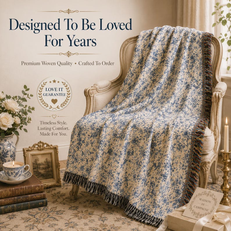 K&ouml;nnte beinhalten: Eine blau-wei&szlig; gemusterte Decke mit Fransen, drapiert &uuml;ber einem cremefarbenen Sessel. Das Bild enth&auml;lt den Text "Designed To Be Loved For Years". Das Design der Decke erinnert an ein klassisches Blumenmuster.