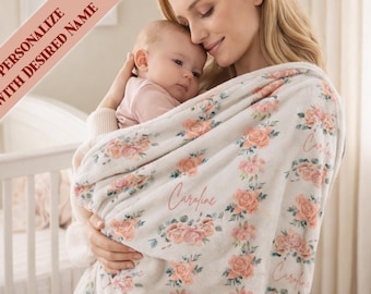 Personalized Floral Baby Blanket, Velveteen Nursery Blanket with Name, Soft Baby Shower Gift, 3 Sizes