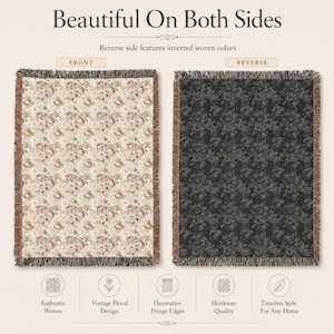 May include: Two woven throws with floral patterns. One throw has a cream background with pink and beige flowers. The other throw has a dark background with a similar floral design. Both throws have decorative fringe edges.