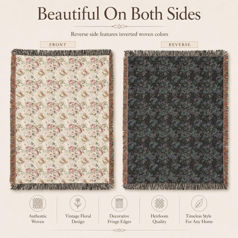 May include: Two woven throws with floral patterns. One throw has a cream background with pink and beige flowers. The other throw has a dark background with a similar floral design. Both throws have decorative fringe edges.