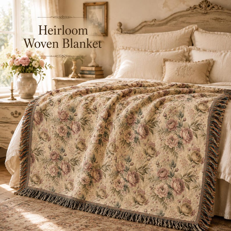 May include: A beige Heirloom Woven Blanket with a floral pattern of pink and green roses. The blanket is draped over a bed with a cream-colored headboard and pillows. The blanket has a fringed edge.