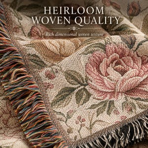 May include: Close-up of a woven blanket with a floral pattern in shades of beige, brown, and pink. The blanket has a fringed edge with multiple colors. Text on the blanket reads "HEIRLOOM WOVEN QUALITY" and "Rich dimensional woven texture."