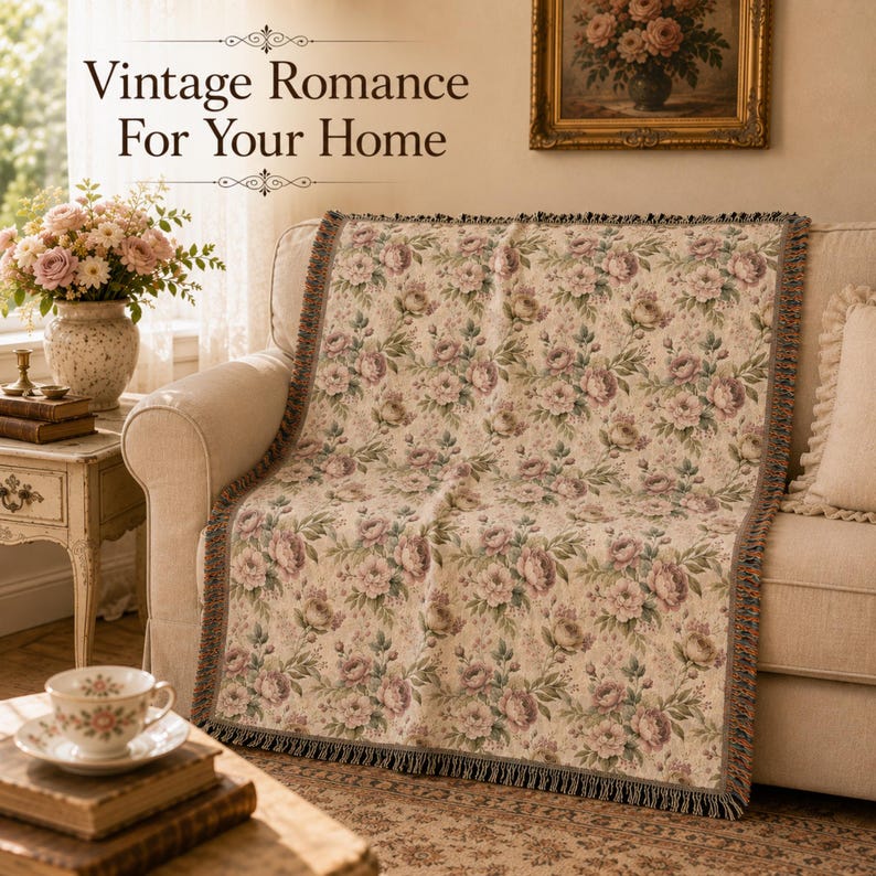 May include: A floral tapestry throw blanket draped over a beige sofa. The blanket features a repeating pattern of pink and green flowers on a cream background. The text "Vintage Romance For Your Home" is at the top of the image.