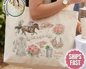 Kentucky Derby Tote Bag Set, Personalized Large Tote Bag with Zipper & Inner Pocket, Horse Racing Travel Bag, Equestrian Gift, Horse Gifts