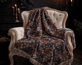 Dark Romance Gothic Woven Blanket, Floral Rose Fringe Throw, Home Decor, 3 Sizes Available