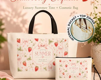 Bolso tote de fresas de verano, bolso tote de playa y neceser, regalo de verano con bayas, bolso de mano estilo resort, bolso tote de lona, bolso tote de playa