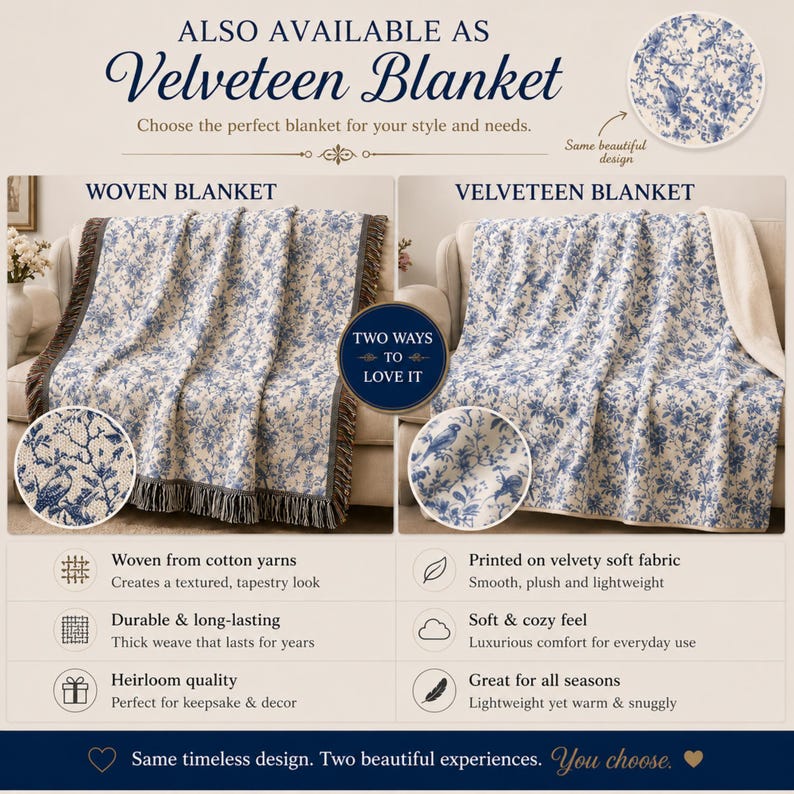 K&ouml;nnte beinhalten: Zwei Decken werden gezeigt, eine gewebte und eine Veloursdecke, beide mit einem blauen Blumenmuster auf cremefarbenem Hintergrund. Die gewebte Decke hat eine strukturierte Optik mit Fransen. Die Veloursdecke ist glatt und weich. Text: "Velveteen Blanket".