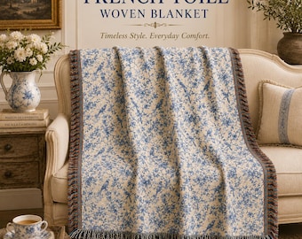 Vintage Toile de Jouy Woven Blanket – Blue Floral Tapestry Throw for French Country Style Home Decor, Blue and White Birds & Flowers Pattern